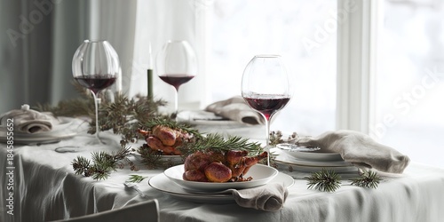 hyper realistic photograph of a modern luxury Christmas table, white porcelain plates, rosemary garnished roast chicken, red wine glasses, linen tablecloth, pine branches