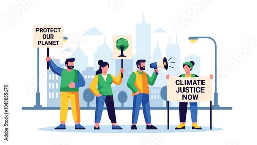 People protesting for environmental protection on city street, modern flat vector illustration highlighting climate activism, ideal for social and environmental campaigns
