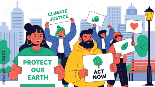 People protesting for environmental protection on city street, modern flat vector illustration highlighting climate activism, ideal for social and environmental campaigns