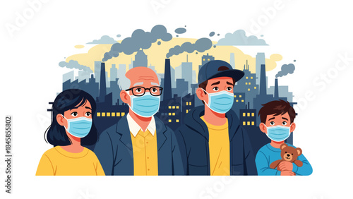 City residents wearing masks due to air pollution, modern flat vector illustration highlighting environmental health issues, ideal for climate and urban topics