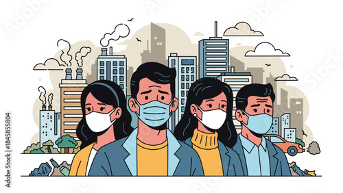 City residents wearing masks due to air pollution, modern flat vector illustration highlighting environmental health issues, ideal for climate and urban topics
