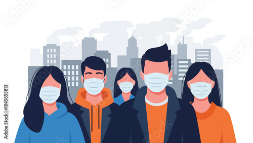 City residents wearing masks due to air pollution, modern flat vector illustration highlighting environmental health issues, ideal for climate and urban topics