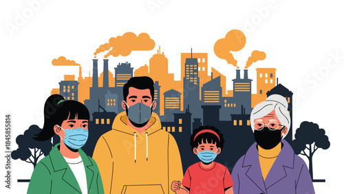 City residents wearing masks due to air pollution, modern flat vector illustration highlighting environmental health issues, ideal for climate and urban topics