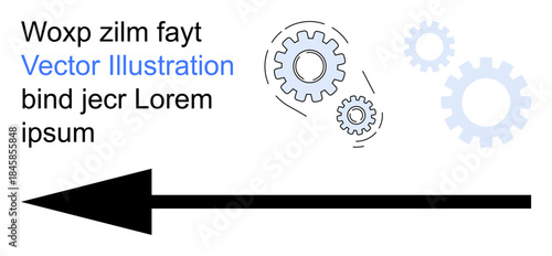 Business process, teamwork, direction, innovation, motion, mechanical systems. Black arrow with interlocking gears and placeholder text. Business process and teamwork concept