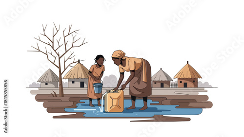 Rural villagers collecting limited water resources, modern flat vector illustration highlighting global water scarcity, ideal for humanitarian and environmental awareness