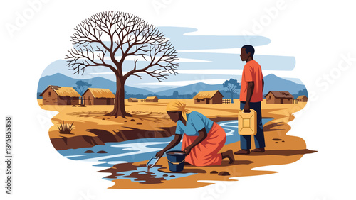Rural villagers collecting limited water resources, modern flat vector illustration highlighting global water scarcity, ideal for humanitarian and environmental awareness