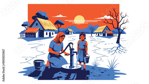 Rural villagers collecting limited water resources, modern flat vector illustration highlighting global water scarcity, ideal for humanitarian and environmental awareness