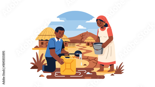 Rural villagers collecting limited water resources, modern flat vector illustration highlighting global water scarcity, ideal for humanitarian and environmental awareness