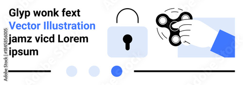 Hand engaging with a fidget spinner next to a lock icon, accompanied by abstract dots and lines. Ideal for security, relaxation, creativity, focus, productivity, leisure, simple landing page