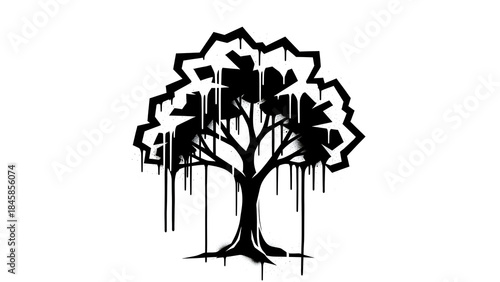 Black silhouette of a tree with dripping paint on white background