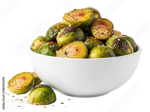 Roasted Brussels Sprouts with Seasoning in White Bowl roasted vegetables green vegetables