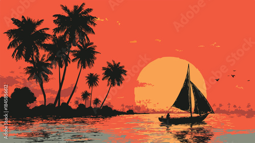 Boat Sailing in Sunset with Palm Trees Background