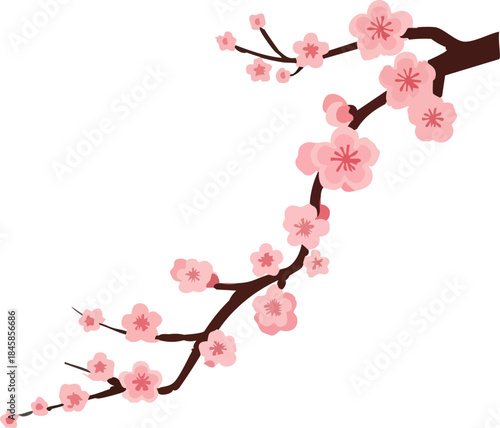 A delicate illustrated cherry blossom branch with soft pink flowers stretches diagonally across a deep black background, creating a calm and elegant composition.