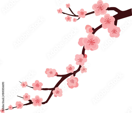 A delicate illustrated cherry blossom branch with soft pink flowers stretches diagonally across a deep black background, creating a calm and elegant composition.