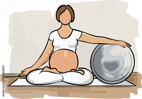 A minimalist illustration shows a pregnant woman sitting cross-legged on a yoga mat, gently stretching with an exercise ball in a calm prenatal fitness setting.