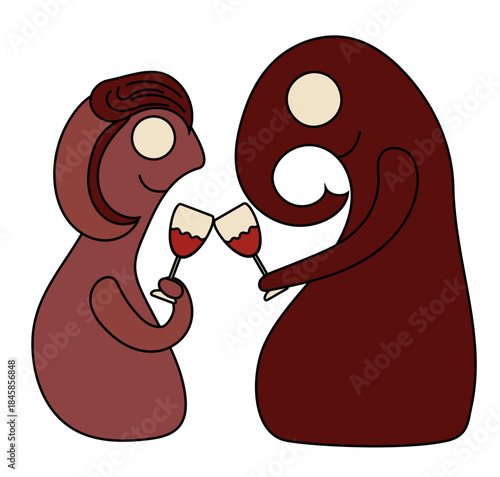 A couple of two red monsters toasting with wine glasses. Vector drawing. 