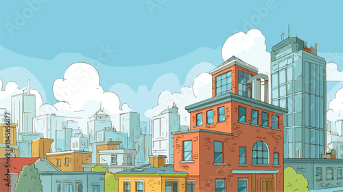 Vibrant Cartoon Drawing Cityscape with Building in Background