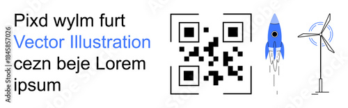 Technology innovation, clean energy, futuristic ideas, renewable resources, digital transformation, progress. QR code with blue rocket and wind turbine. Technology innovation and clean energy concept