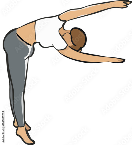 A minimalist flat illustration shows a pregnant woman performing a forward-bending prenatal yoga stretch with arms extended against