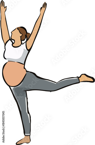 A minimalist flat illustration depicts a pregnant woman practicing a balanced yoga pose with one leg extended and arms raised against 