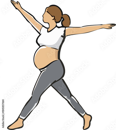 A minimalist flat illustration depicts a pregnant woman practicing a standing prenatal yoga pose with arms extended, conveying balance and calm against