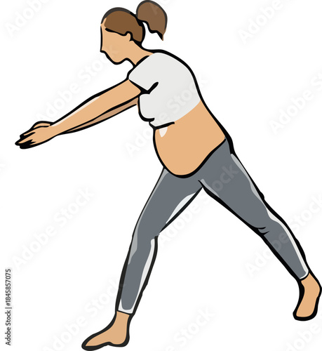 A minimalist flat illustration shows a pregnant woman performing a gentle prenatal yoga balance pose with arms extended forward against