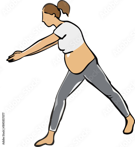 A minimalist flat illustration shows a pregnant woman performing a gentle prenatal yoga balance pose with arms extended forward against