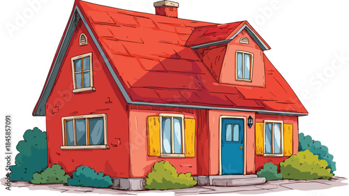 Vibrant Cartoon Red House with Yellow Roof Illustration