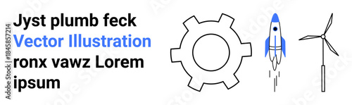 Gear symbol, ascending rocket, and wind turbine highlighting engineering, innovation, sustainability. Ideal for technology, aerospace, renewable energy, manufacturing futuristic ideas teamwork