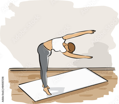 A flat illustration depicts a pregnant woman performing a gentle prenatal yoga side stretch on a mat in a calm indoor studio setting.