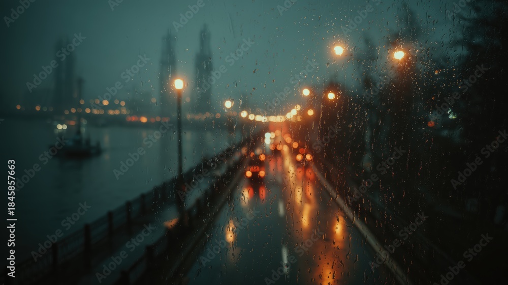 Fototapeta premium Raindrops on window glass with blurred city night lights in background.