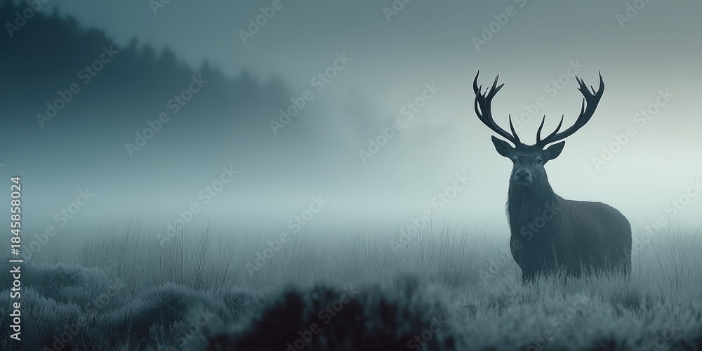 Naklejka premium Majestic red deer stag standing in misty forest landscape during early morning.