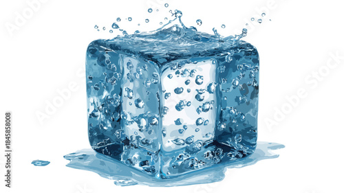 Crystal Clear Cube with Water and Bubbles Vector Background