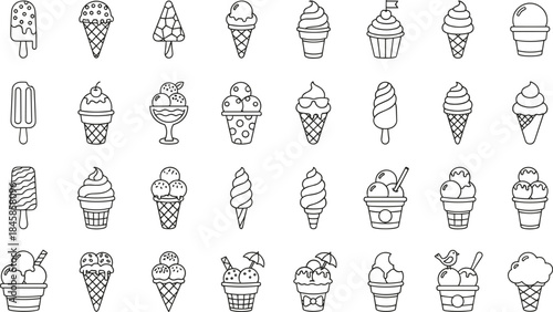 Set of black and white outline ice cream icons including cones popsicles and sundae cups for summer dessert menus.