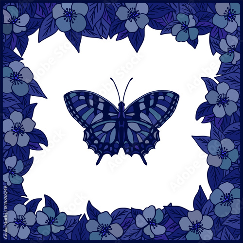 Vector square decoration with a butterfly in a frame of apple branches and flowers in dark blue colors