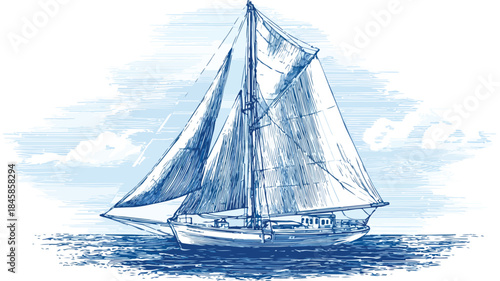 Boat with Ship Drawing Vector Art - Nautical Transportation Doodle Illustration