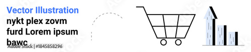E-commerce growth, business trends, data analysis, financial planning, online shopping, market research. Minimal cart icon next to a rising bar graph. E-commerce growth and business trends