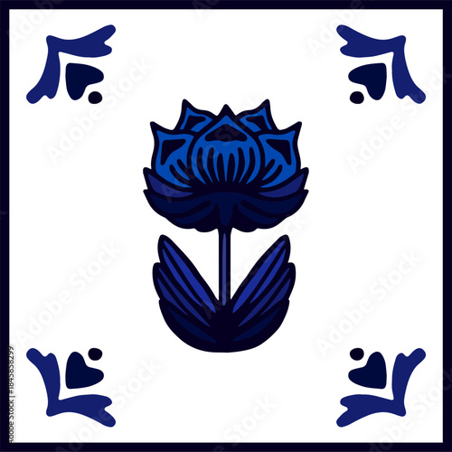 Vector symmetrical floral square decor in ceramic tile style