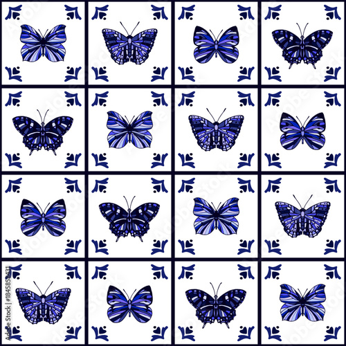 Vector seamless pattern with butterflies in Delft tile style