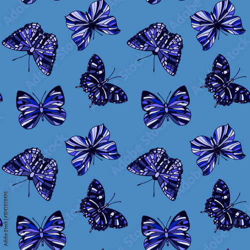 Vector seamless pattern with butterflies on a blue background Основные RGB