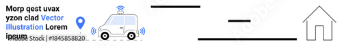 Smart transportation, GPS tracking, automated systems, delivery services, future innovation, home navigation. A connected car utilizing GPS traveling toward a house. Smart transportation and GPS