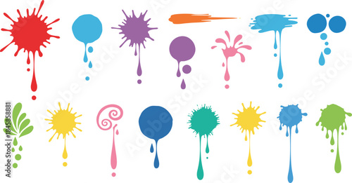 Set of colorful abstract paint splashes and dripping ink blots vector icons for artistic creative design elements and backgrounds.