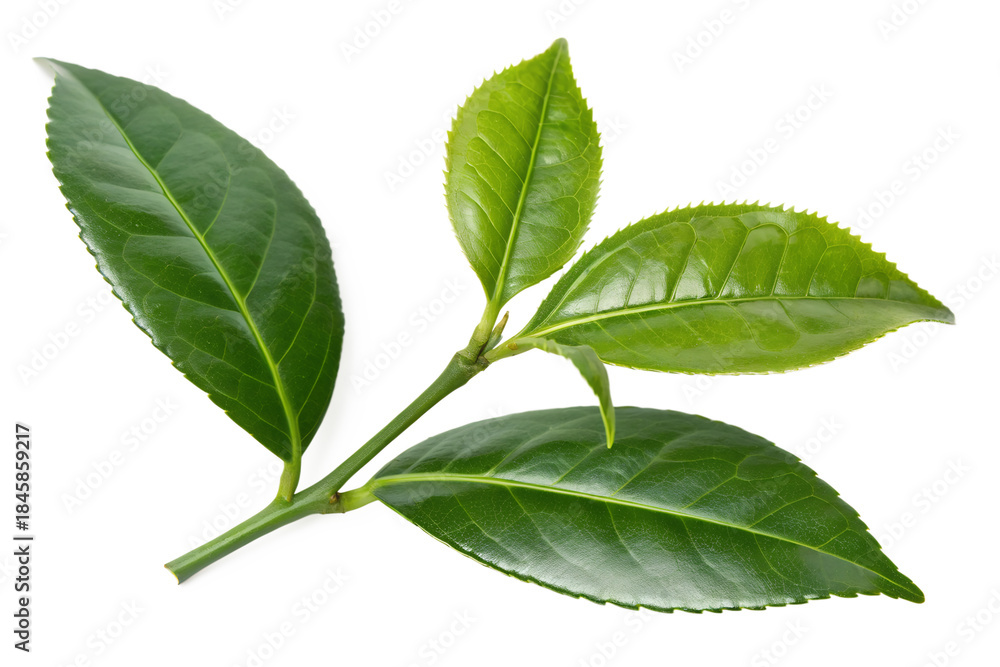 Fototapeta premium Close-up of a fresh green tea plant branch with vibrant leaves, showcasing the natural beauty and delicacy of this popular botanical
