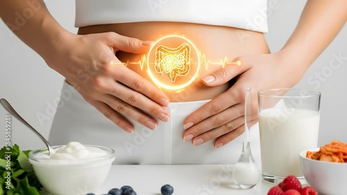 Woman showing healthy gut with glowing intestine icon and yogurt, berries, milk, for digestive health and probiotics concept