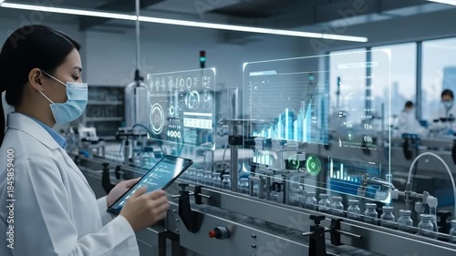 Asian woman scientist uses tablet for quality control of pharmaceutical production process with virtual reality data dashboard. Advanced medical manufacturing concept.