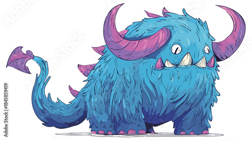 Vibrant Monster Illustration with Blue Head and Purple Horns - Professional Vector Design