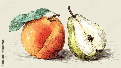 Detailed Vector Drawing of Peach and Half Pear with Outline