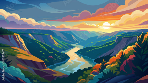 Very beautiful dramatic spring landscape of New River Gorge at sunrise, clouds drifting through the gorge, soft glowing light, layered depth, and cinematic atmosphere crafted for vector illustration.