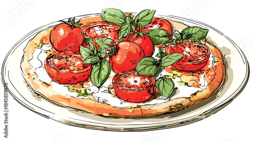 Delicious Pizza with Tomatoes and Basil - Vector Illustration