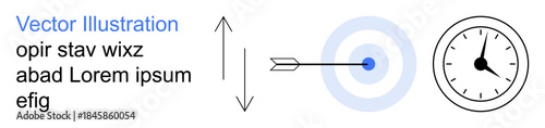 Goal setting, time management, productivity, accuracy, targeting, focus. Central arrow hitting a target with a clock icon and abstract text. Goal setting and time management concepts
